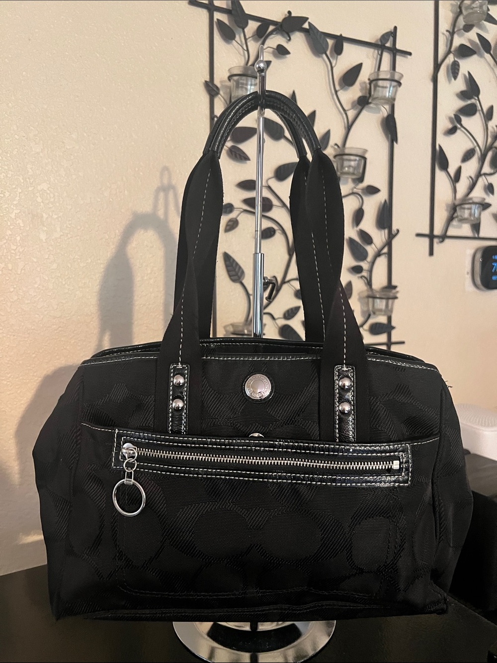Coach Daisy Black Signature Jacquard Tote with Stud Accents